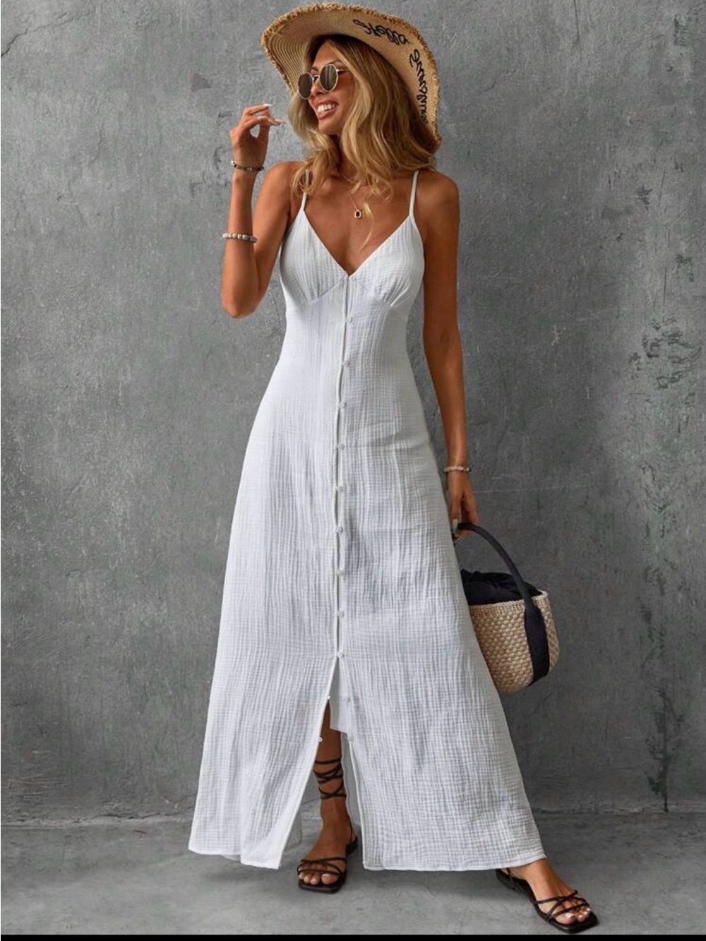 Cotton White Button-Front Spaghetti Strap Maxi Dress beach
